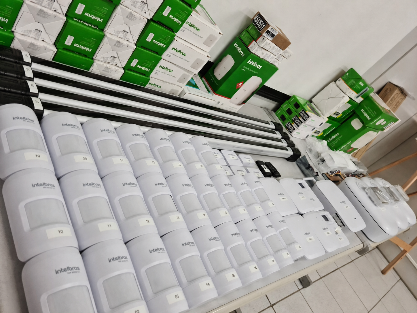 Equipamentos de um projeto de sistema de alarme realizado em Pernambuco